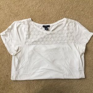White tee with floral lace on neck
